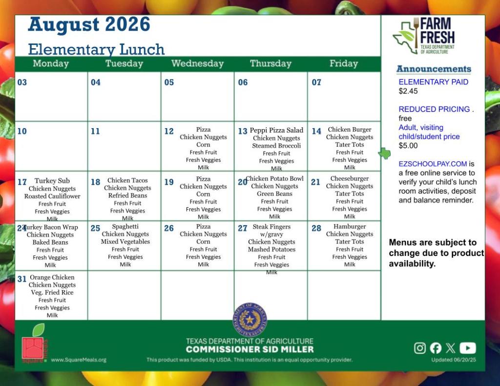 elementary lunch menu for august